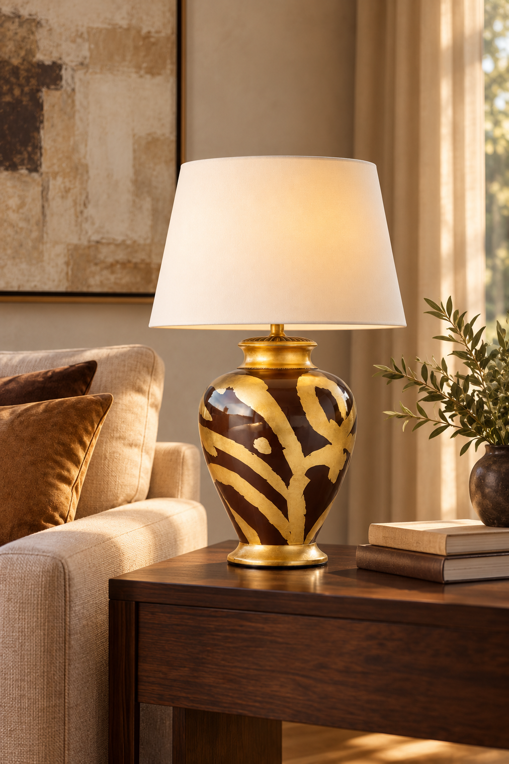 Gold and brown swirl table lamp with fabric shade
