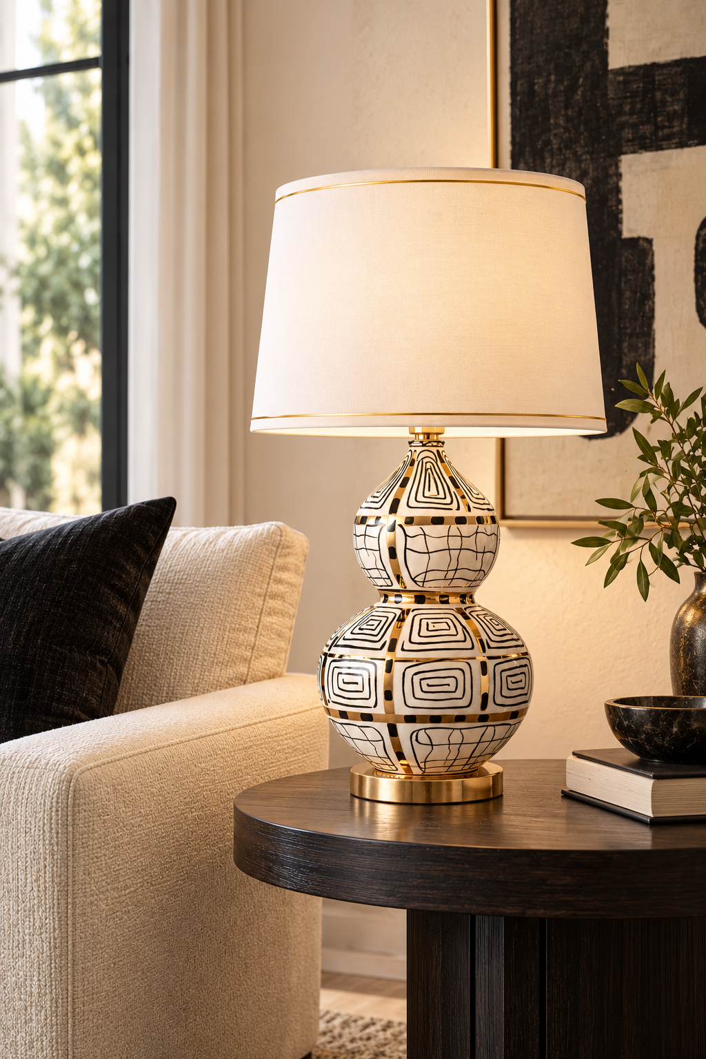 White, black and gold patterned table lamp with gold-trimmed shade