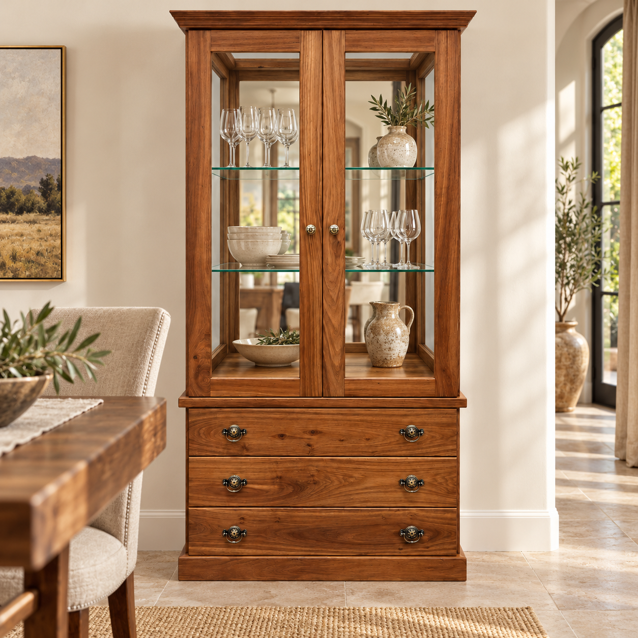 Kiaat glass display cabinet with mirrored back and  three drawers