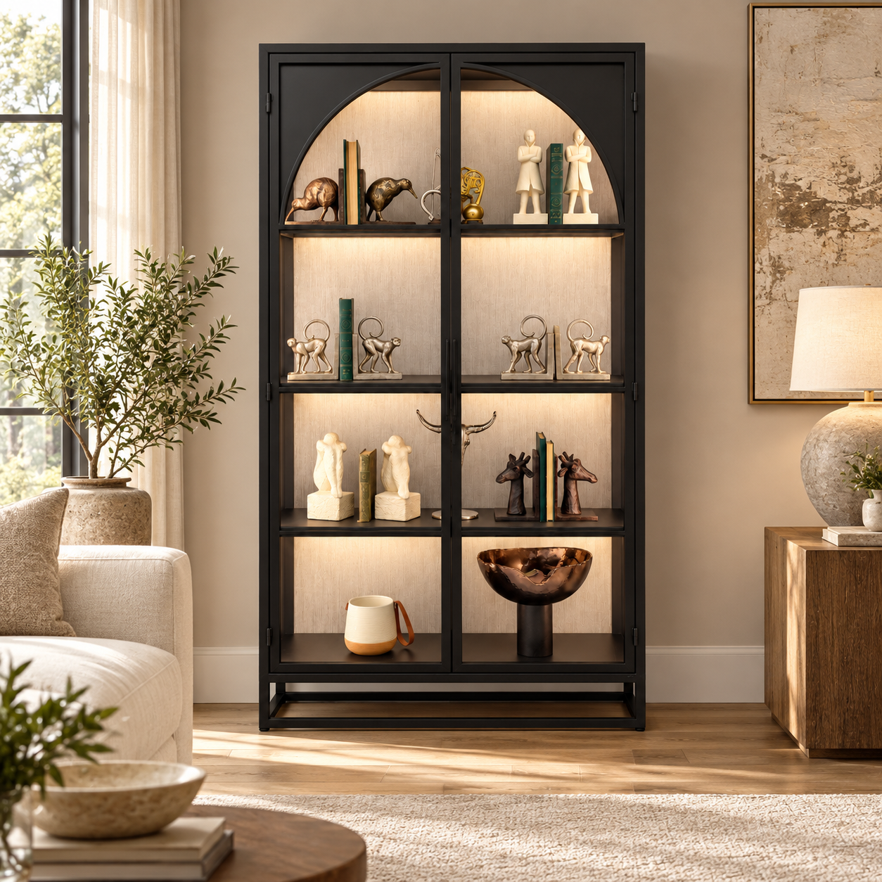 Black metal and glass display cabinet with arched detail