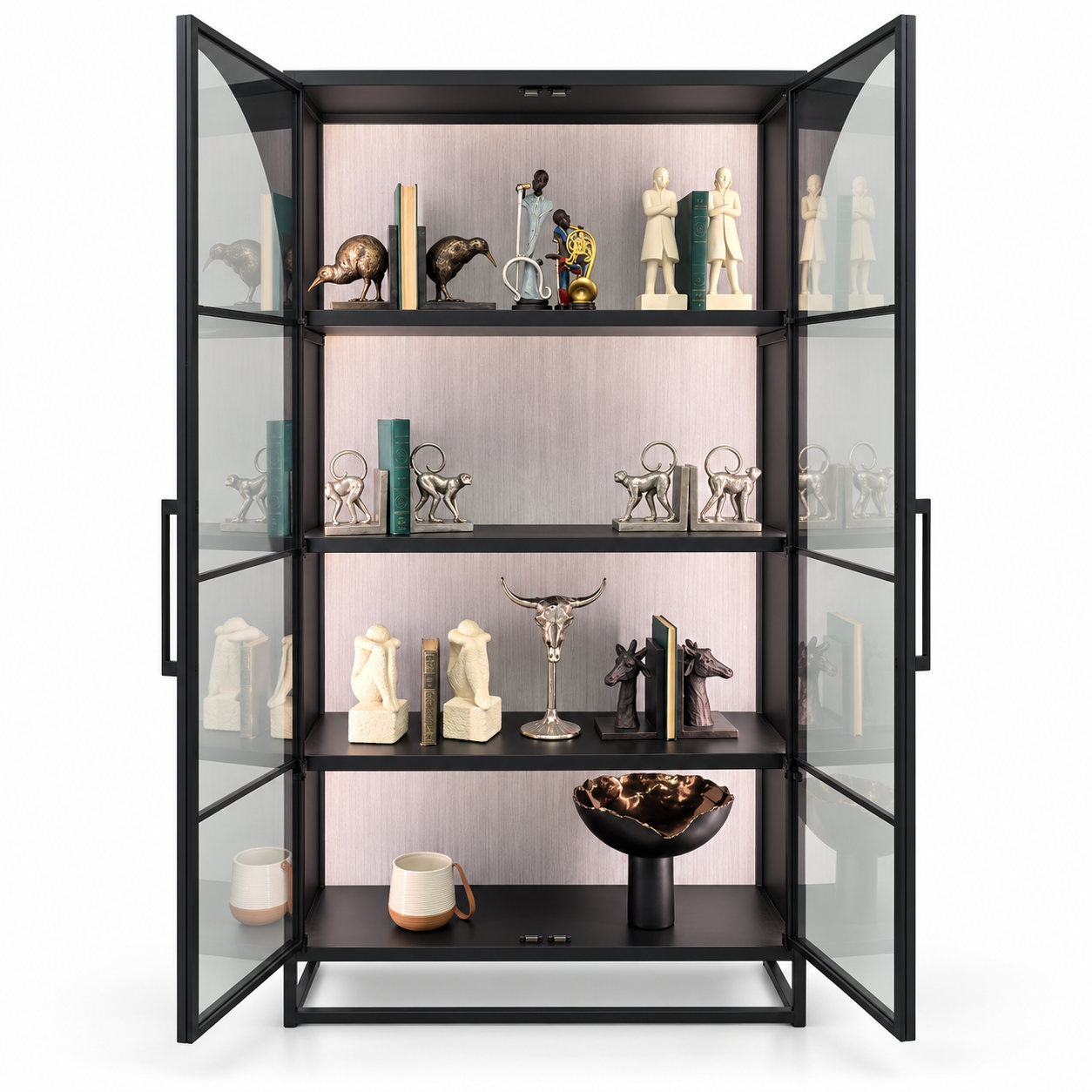 Black metal and glass display cabinet with arched detail