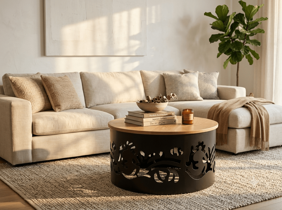 Coffee table with metal and oak top laser cut decorative leaves