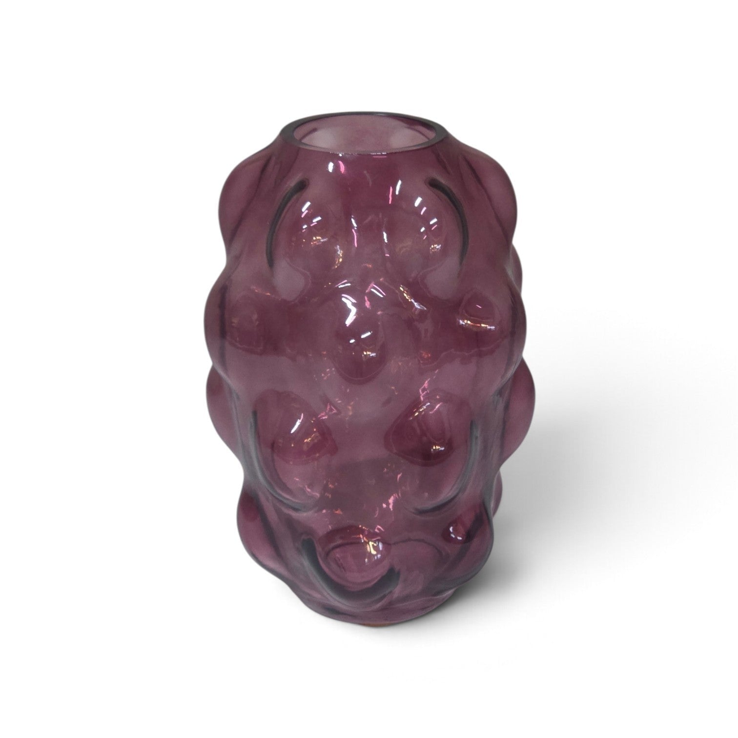 A translucent purple glass vase with a textured, bubble-like organic pattern, shown on a clean white background.