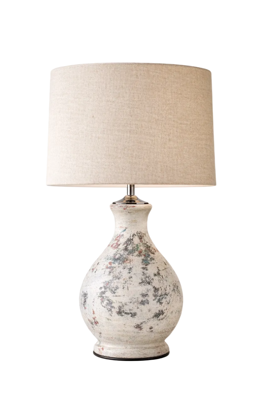Distressed Ivory table lamp with beige fabric shade