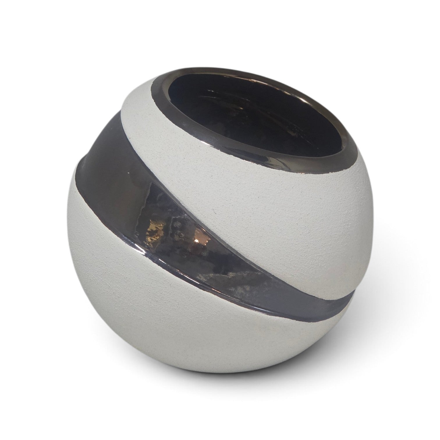 A spherical ceramic planter with a textured off-white body, a glossy dark gray band wrapping horizontally around the middle, and a dark glazed interior, shown on a plain white background.