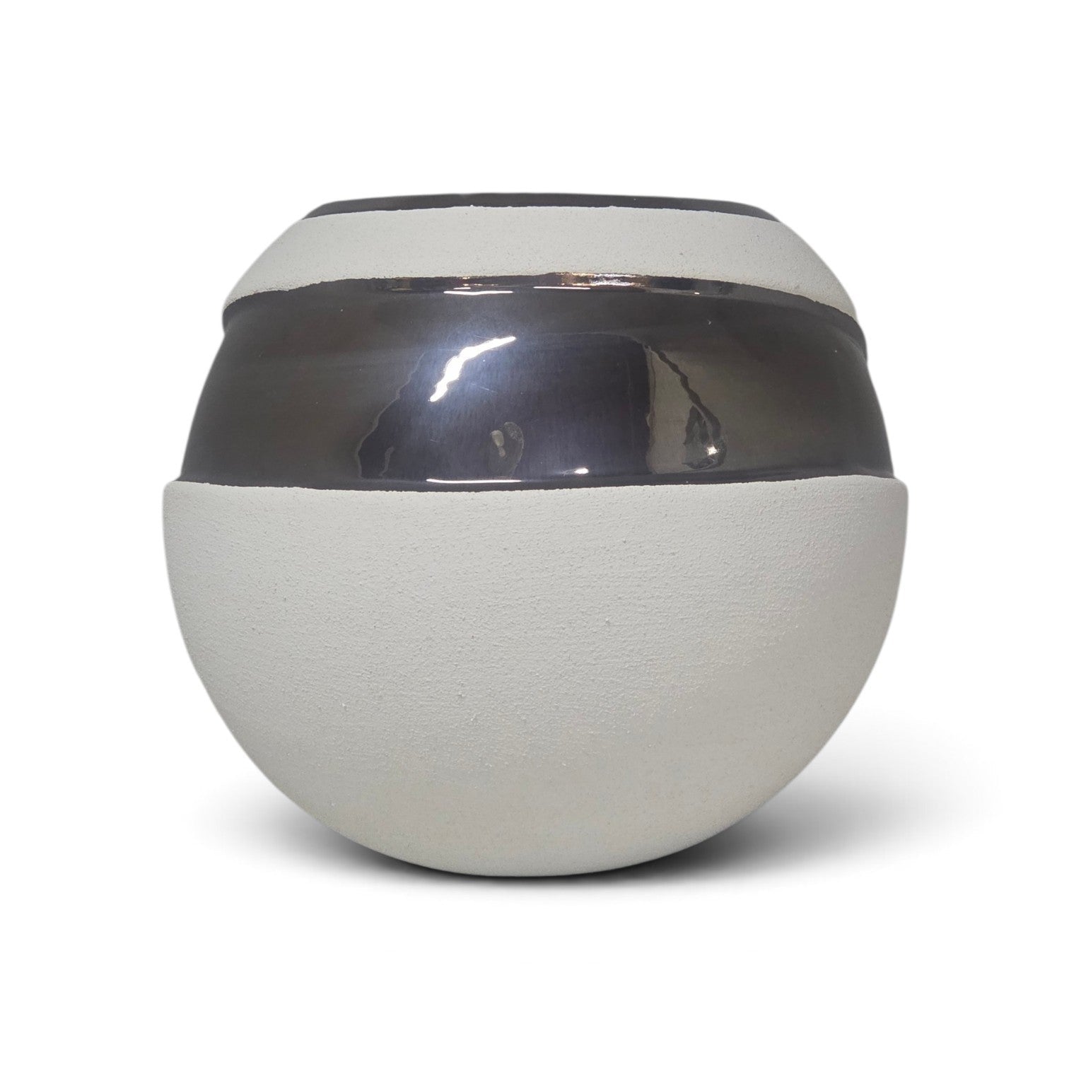 A modern spherical ceramic planter or vase with a textured off-white body, a glossy metallic silver middle band, and a matte off-white top section, shown on a white background.