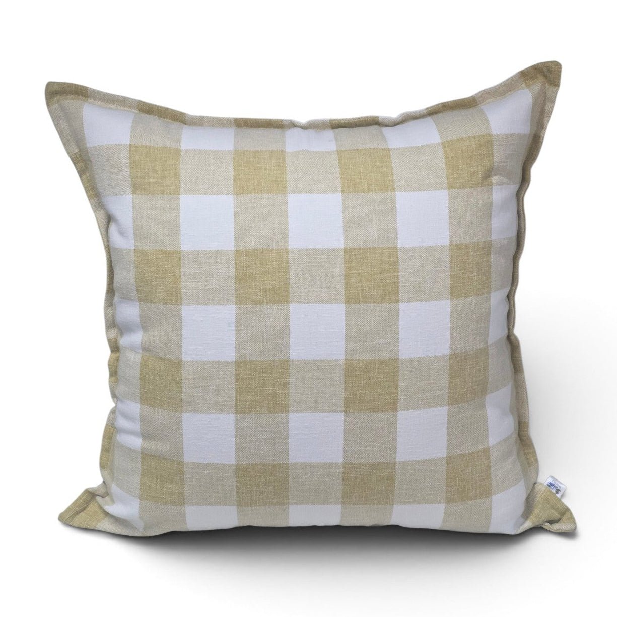 A square throw pillow featuring a classic gingham checkered pattern in beige and white, with a solid beige piped border, shown on a clean white background.