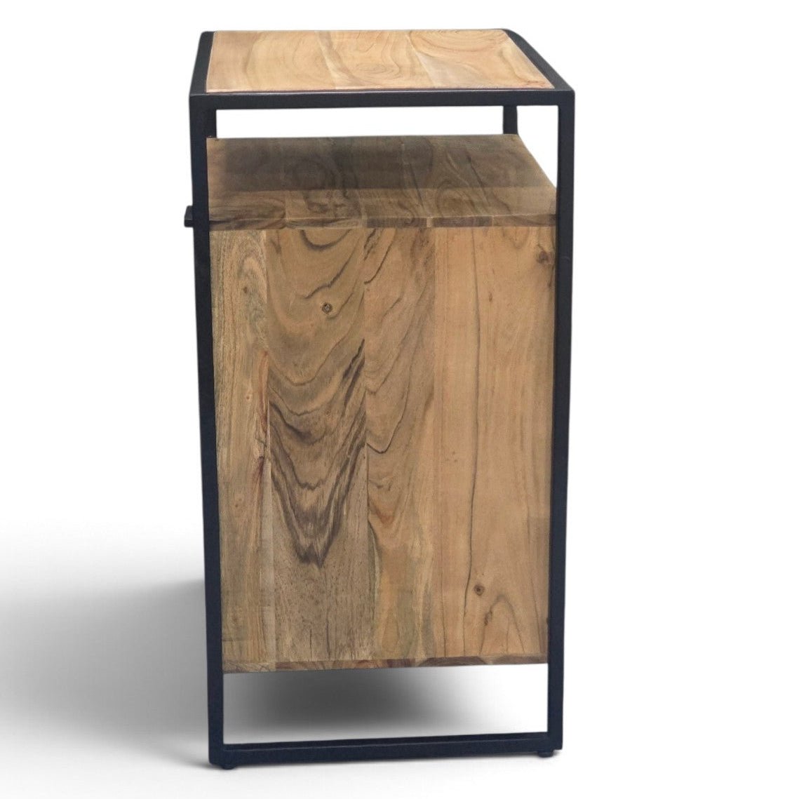 Industrial slatted wood and metal pedestal