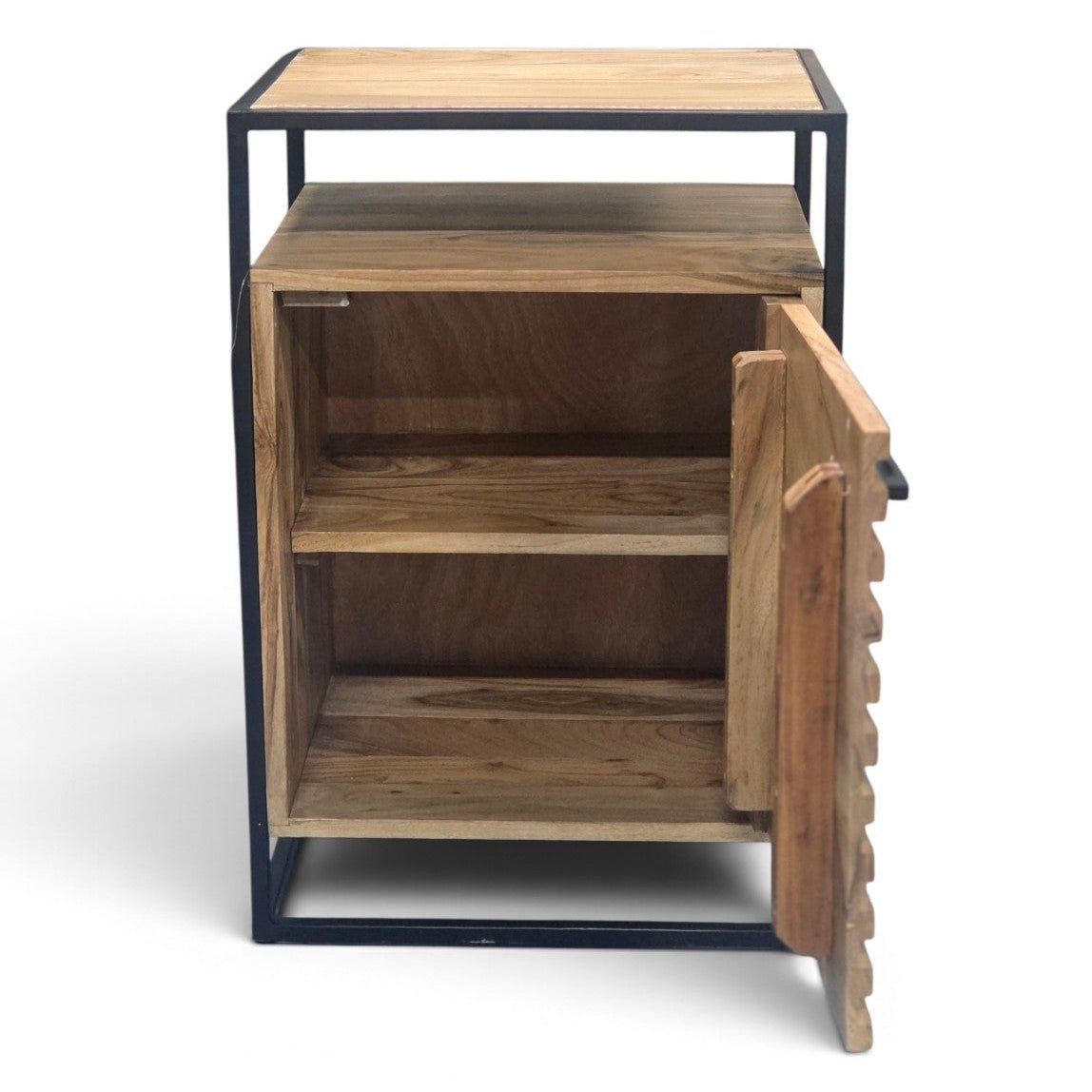 Industrial slatted wood and metal pedestal