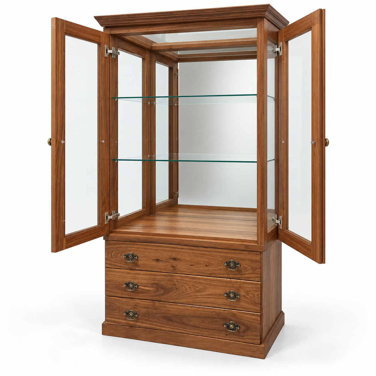 Kiaat glass display cabinet with mirrored back and  three drawers