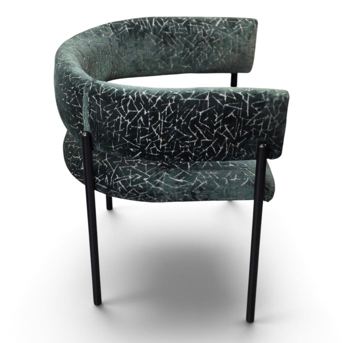 A modern curved armchair with dark green textured fabric and black metal legs, shown on a clean white background.