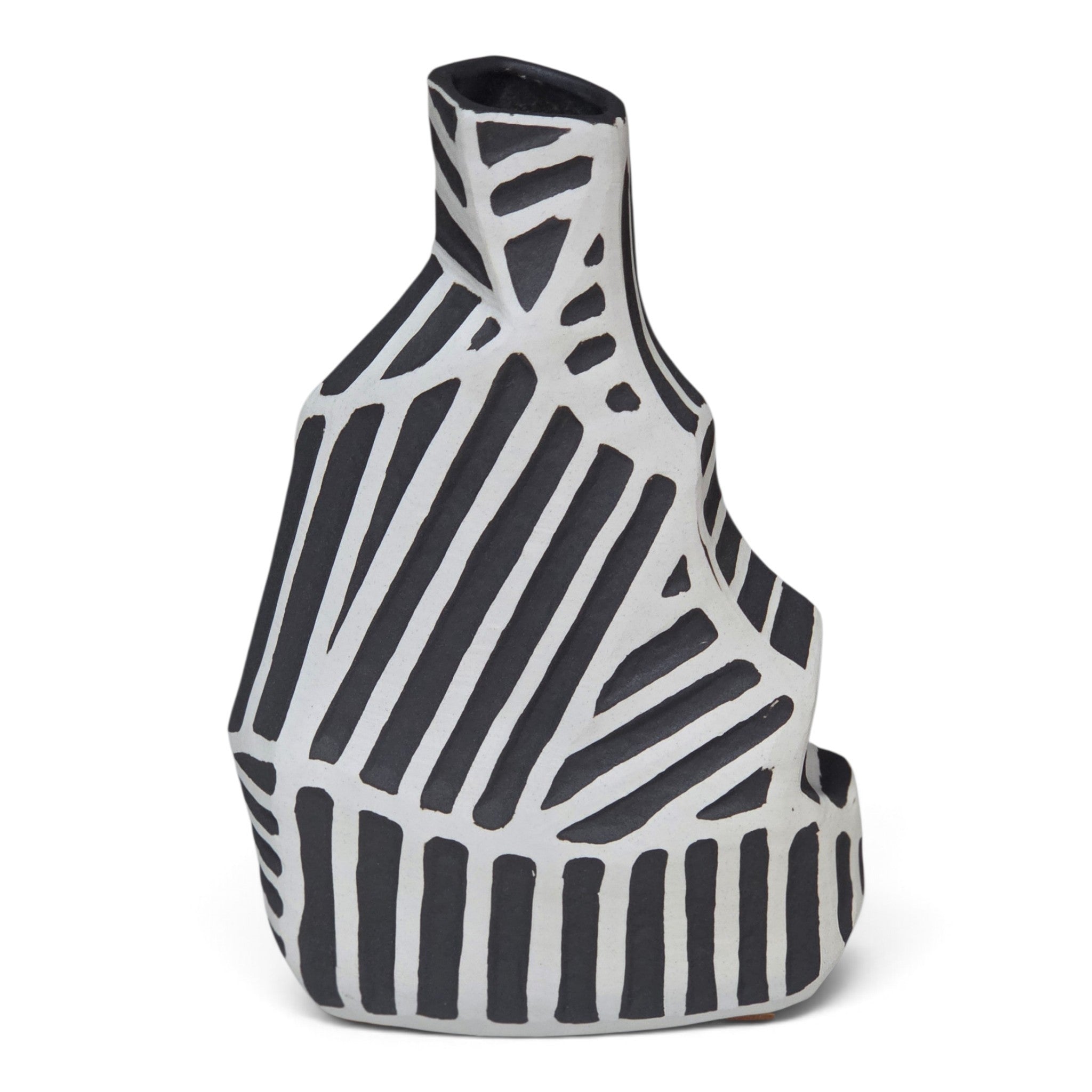 A sculptural ceramic vase with a black and white zebra-like striped pattern, photographed on a clean white background.