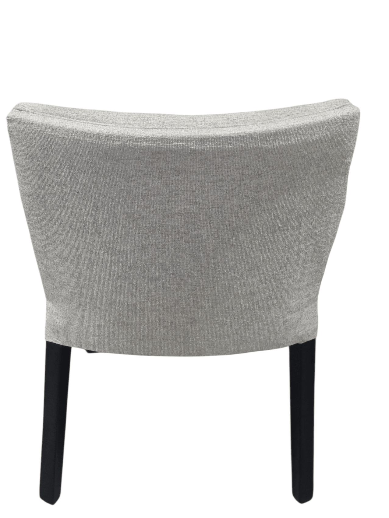 A light gray upholstered dining chair with a curved backrest and slim black legs, shown from the rear against a plain white background.
