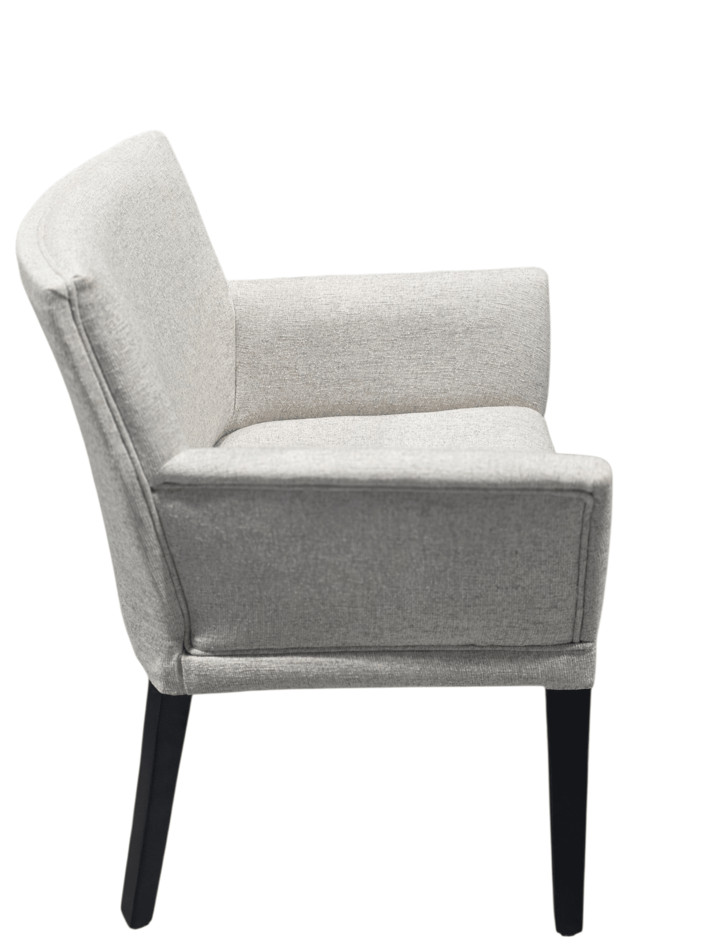 A light gray upholstered armchair with dark tapered legs, shown from a side angle against a plain white background.