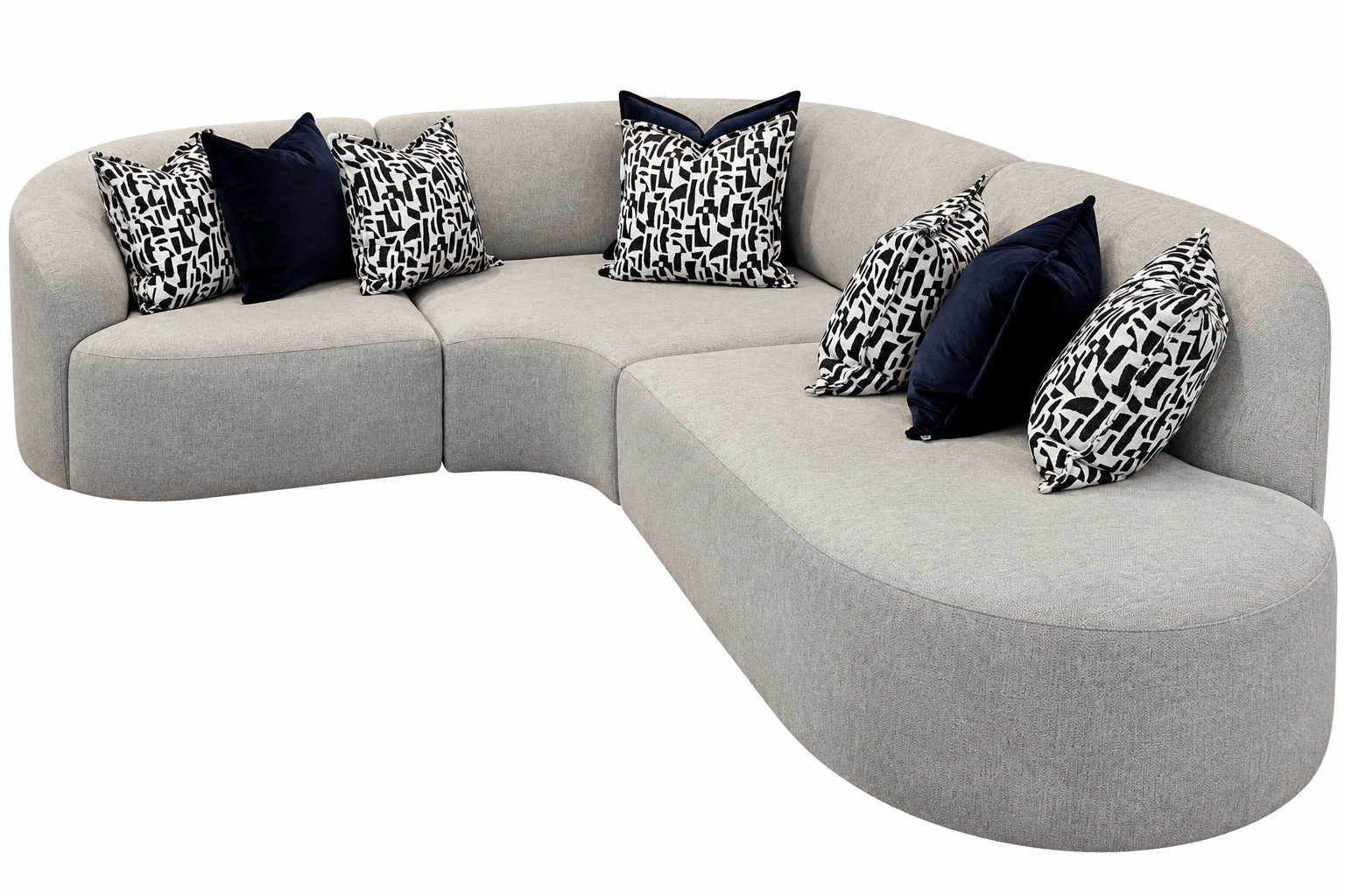 A curved modular upholstered sectional sofa in light gray fabric, styled with several throw pillows including two navy blue pillows and two black-and-white patterned pillows, isolated on a white background.