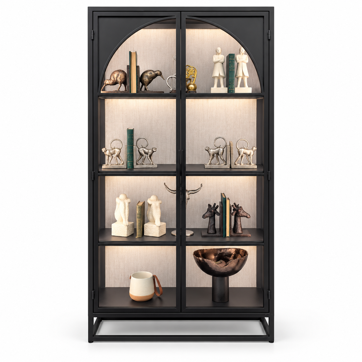 Black metal and glass display cabinet with arched detail