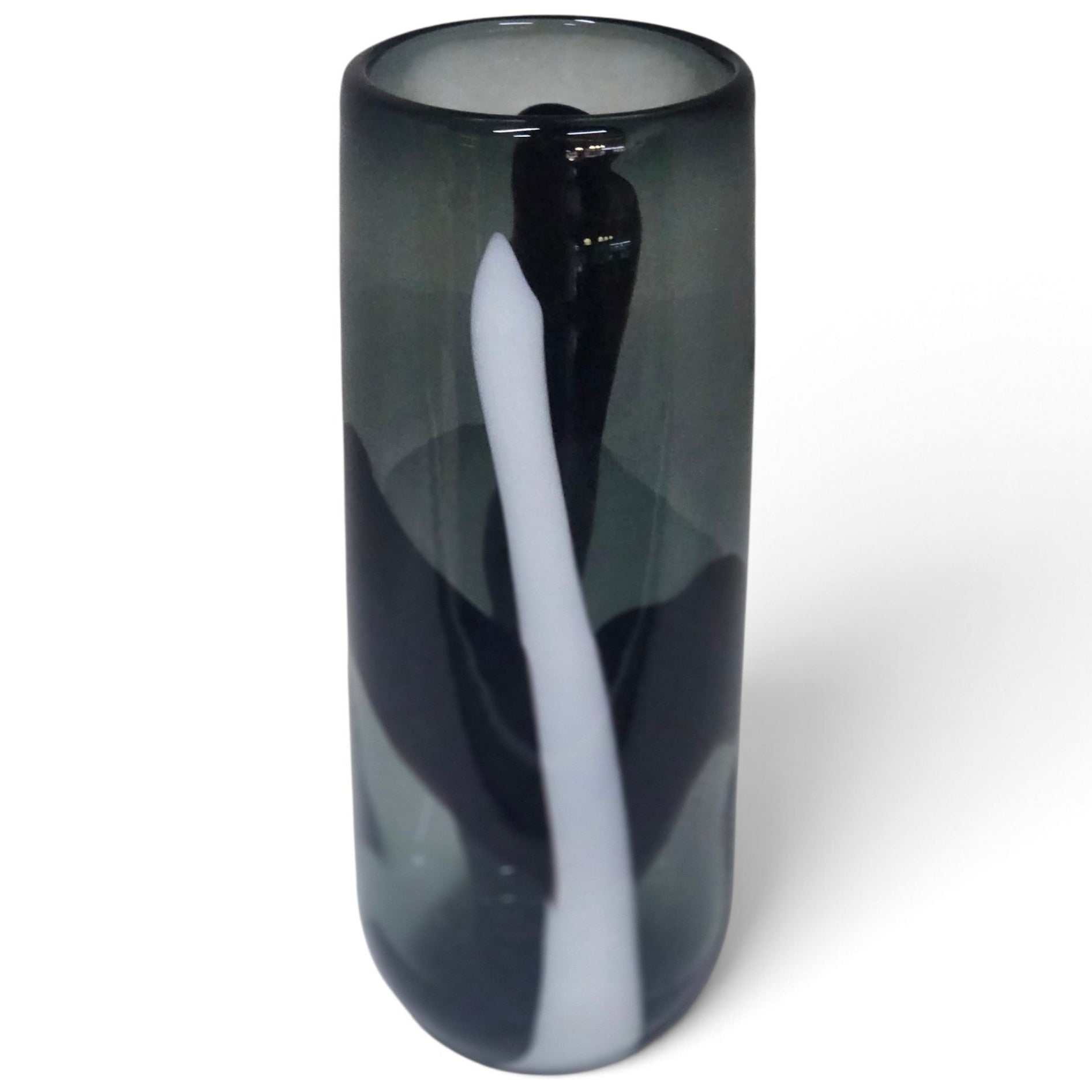 Smoky grey glass vase with black and white pattern tall