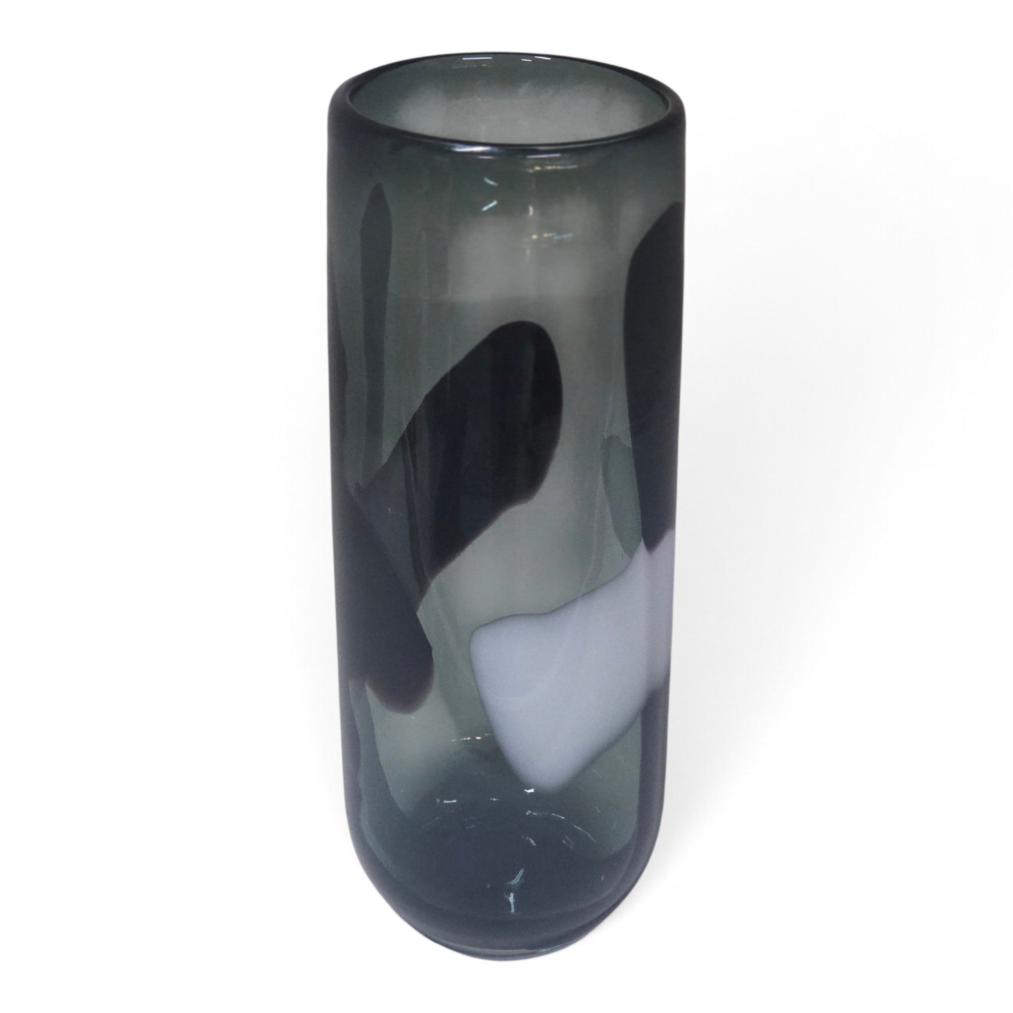 Smoky grey glass vase with black and white pattern tall