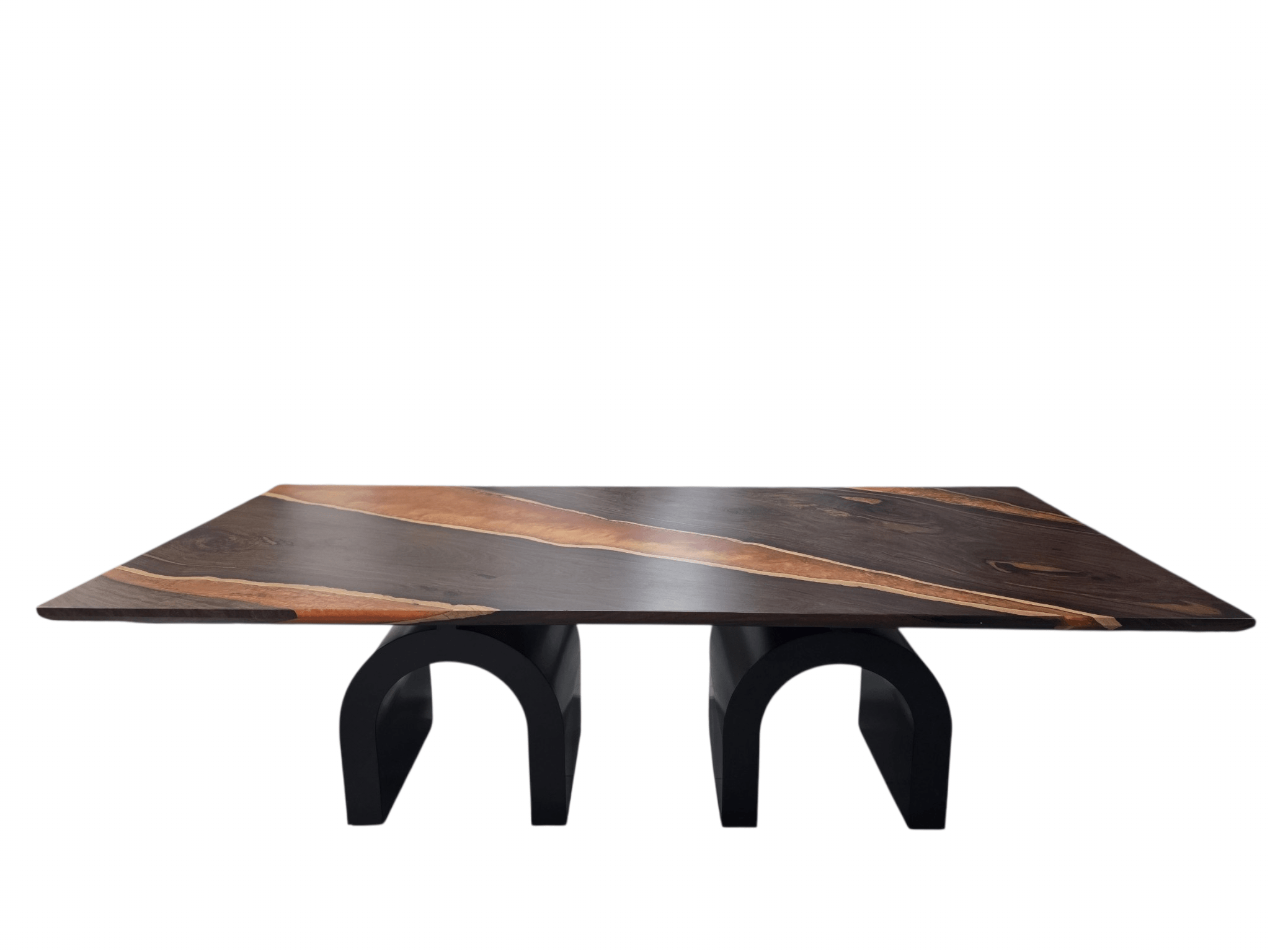 A rectangular dark wood table with a live edge design and two sculptural black curved legs, shown against a plain white background.