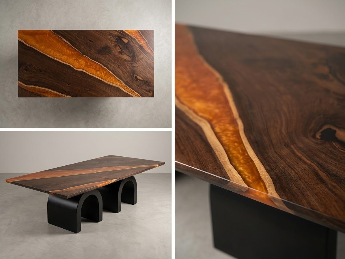A modern live-edge wooden table with a dark brown and golden-orange wood grain top and black sculptural arch legs, shown in a multi-panel layout including a close-up of the tabletop, a wall-mounted view, and a full room scene.