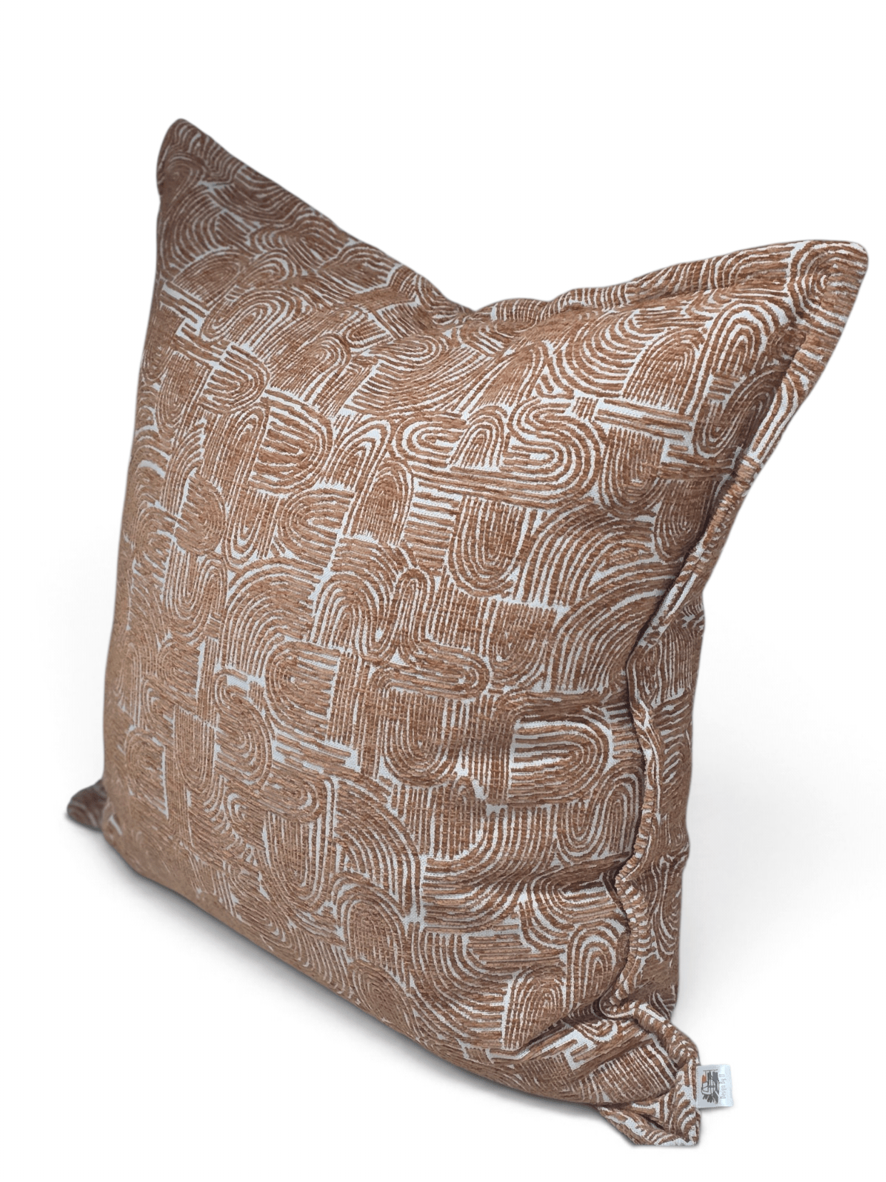 A square throw pillow with a brown and white abstract wavy line pattern, shown at an angle on a white background.