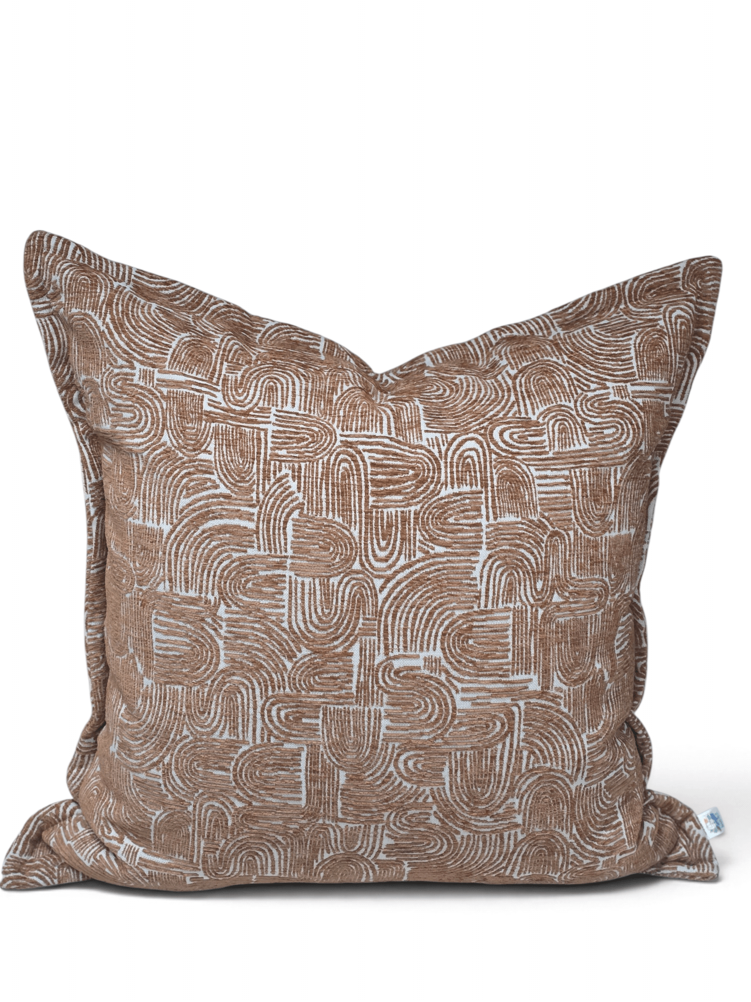 A square throw pillow with a brown and white abstract wavy line pattern, photographed against a clean white background.