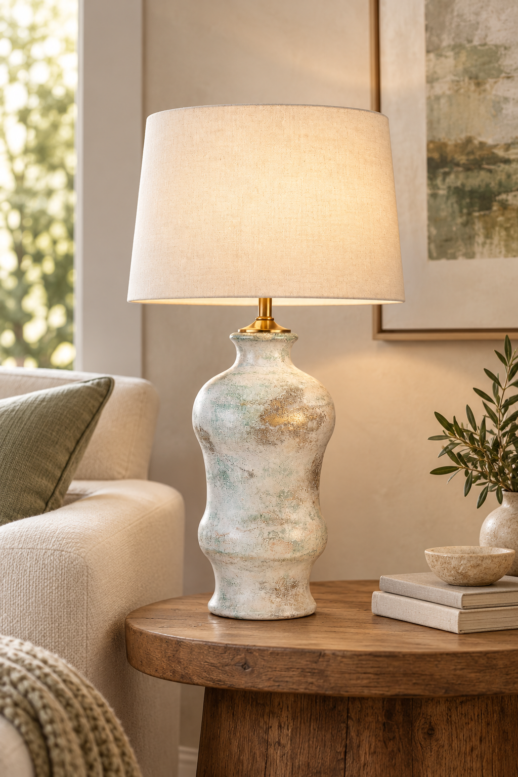 A table lamp with a textured, distressed ceramic base in off-white and light blue tones, topped with a gold-finished collar and a warm beige fabric drum shade. The lamp is styled on a rustic wooden side table next to a cream sofa and framed wall art.