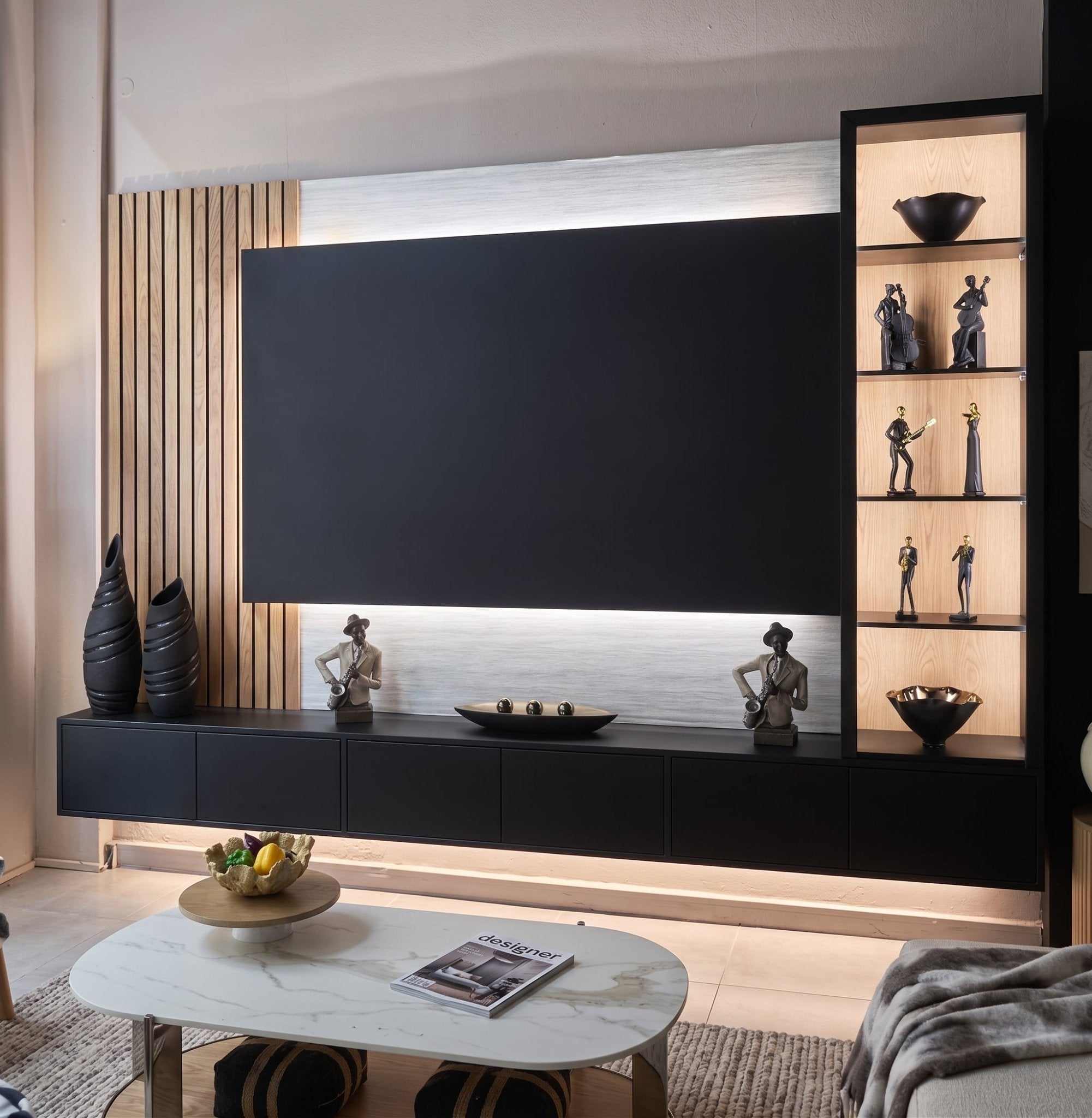 The eclipse slatted floating media wall