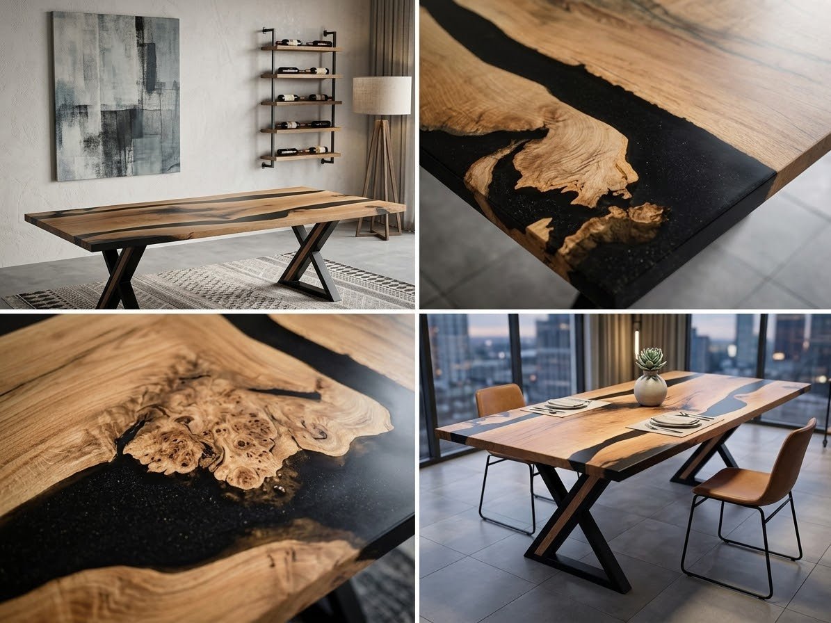 A collage showing a live-edge wooden dining table with a black resin river running through it. The images include a full room view of the table in a modern interior, close-up details of the wood grain and resin surface, and the table set with chairs in a dining area.