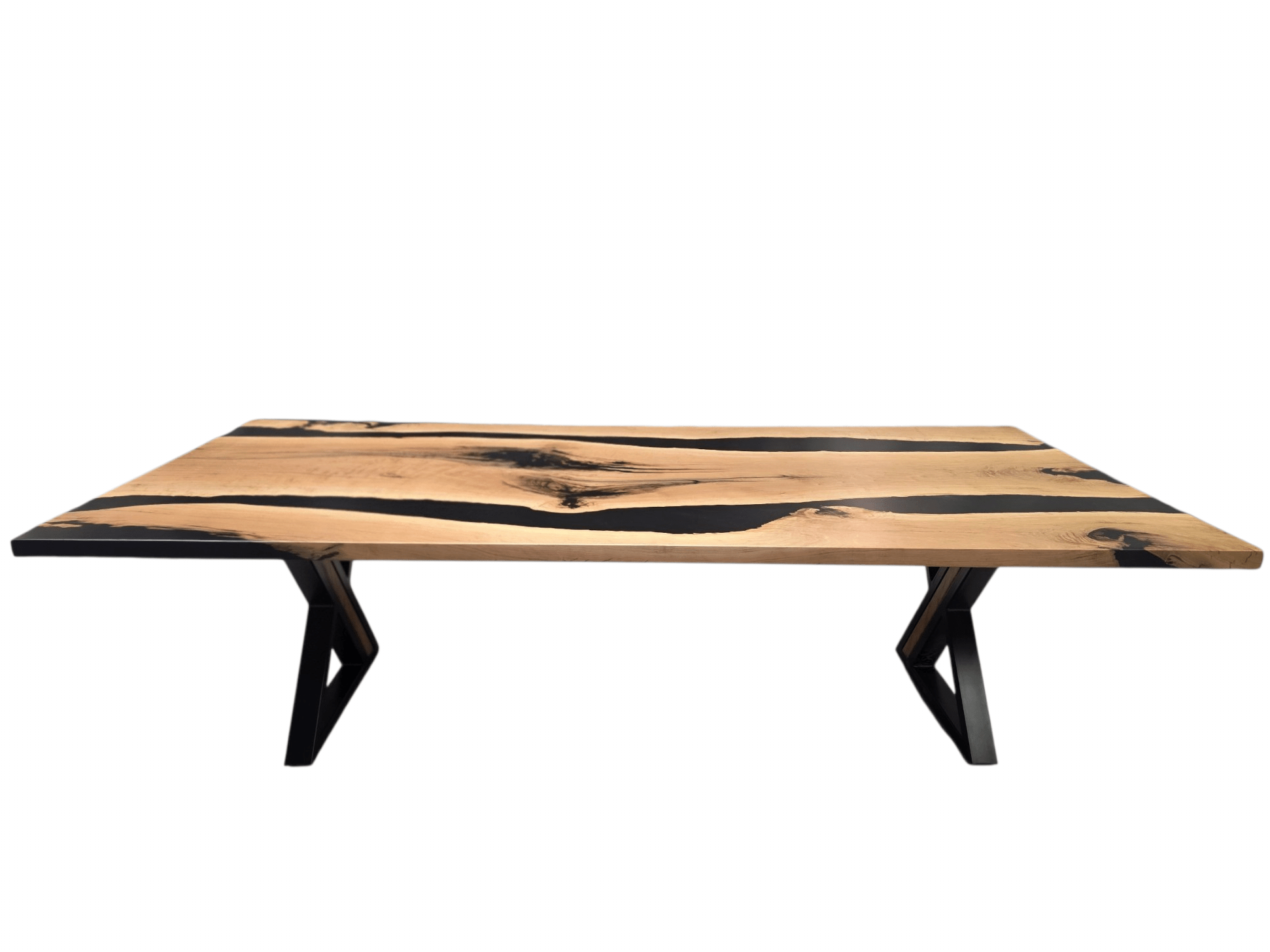 A rectangular live-edge wooden coffee table with a natural wood grain top featuring dark resin channels and black V-shaped metal legs, shown against a plain white background.