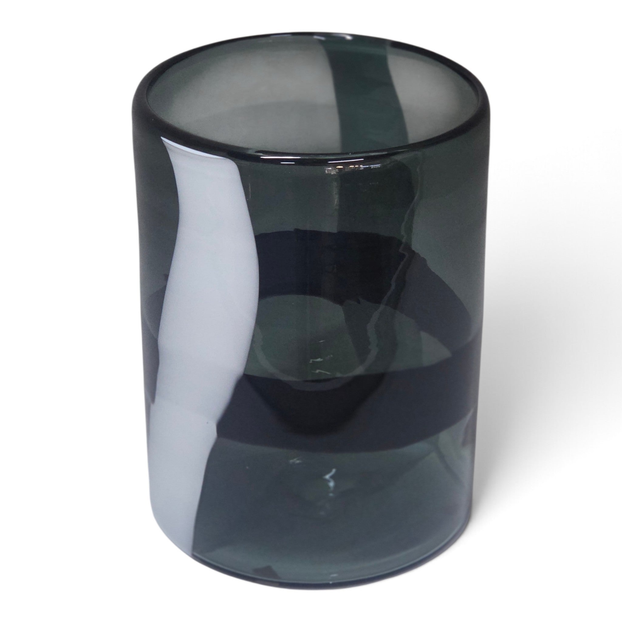 Smoky grey glass vase with black and white pattern wide
