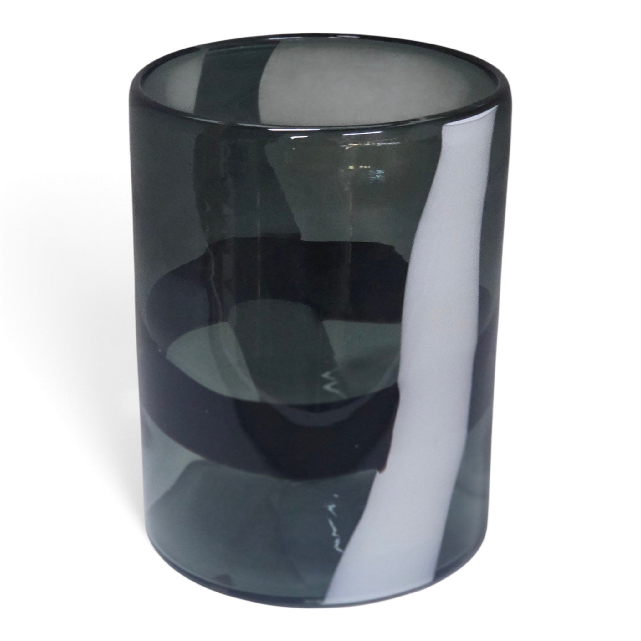 A dark gray translucent glass tumbler with a smooth cylindrical shape, shown on a plain white background.